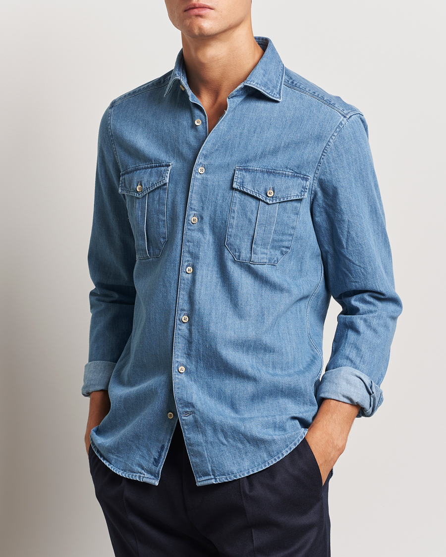 Homme | Chemises | Stenströms | Slimline Double Pocket Denim Shirt Blue