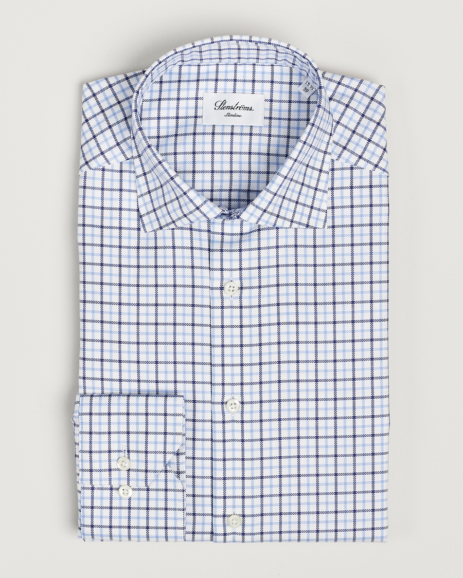 Heren | Overhemden | Stenströms | Slimline Small Checked Cut Away Shirt Blue
