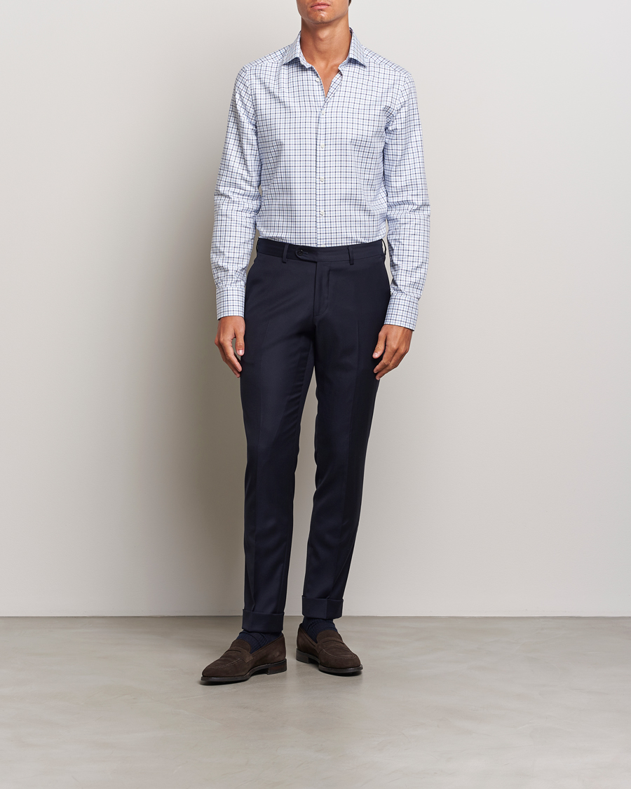 Heren | Overhemden | Stenströms | Slimline Small Checked Cut Away Shirt Blue
