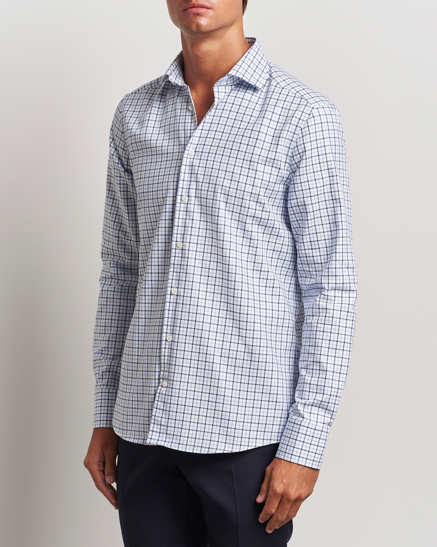 Heren | Overhemden | Stenströms | Slimline Small Checked Cut Away Shirt Blue