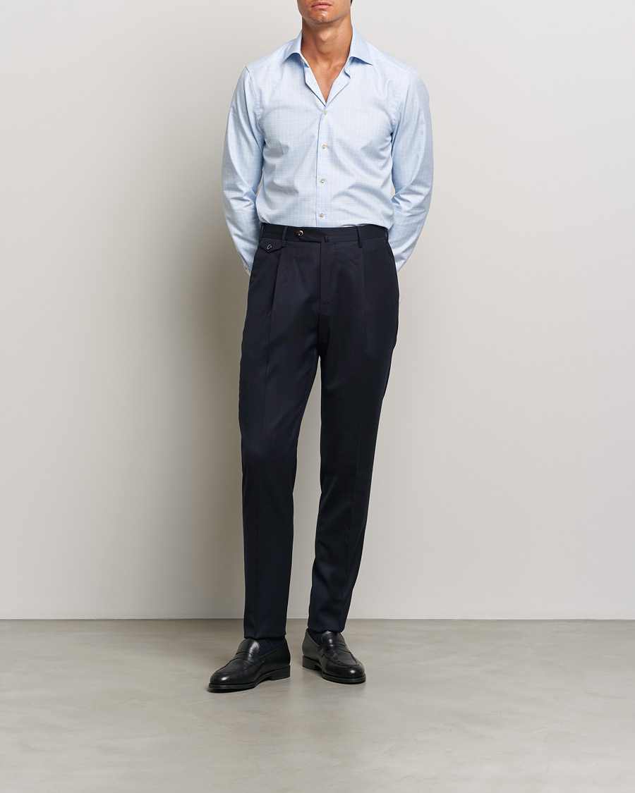 Homme | Chemises | Stenströms | Slimline Checked Twill Cut Away Shirt Light Blue