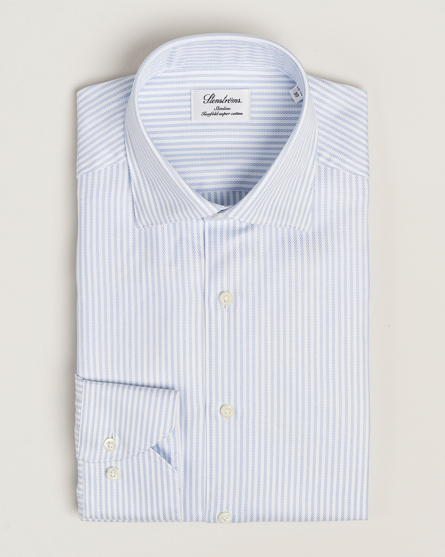 Heren | Overhemden | Stenströms | Slimline Striped Twill Cut Away Shirt White/Blue