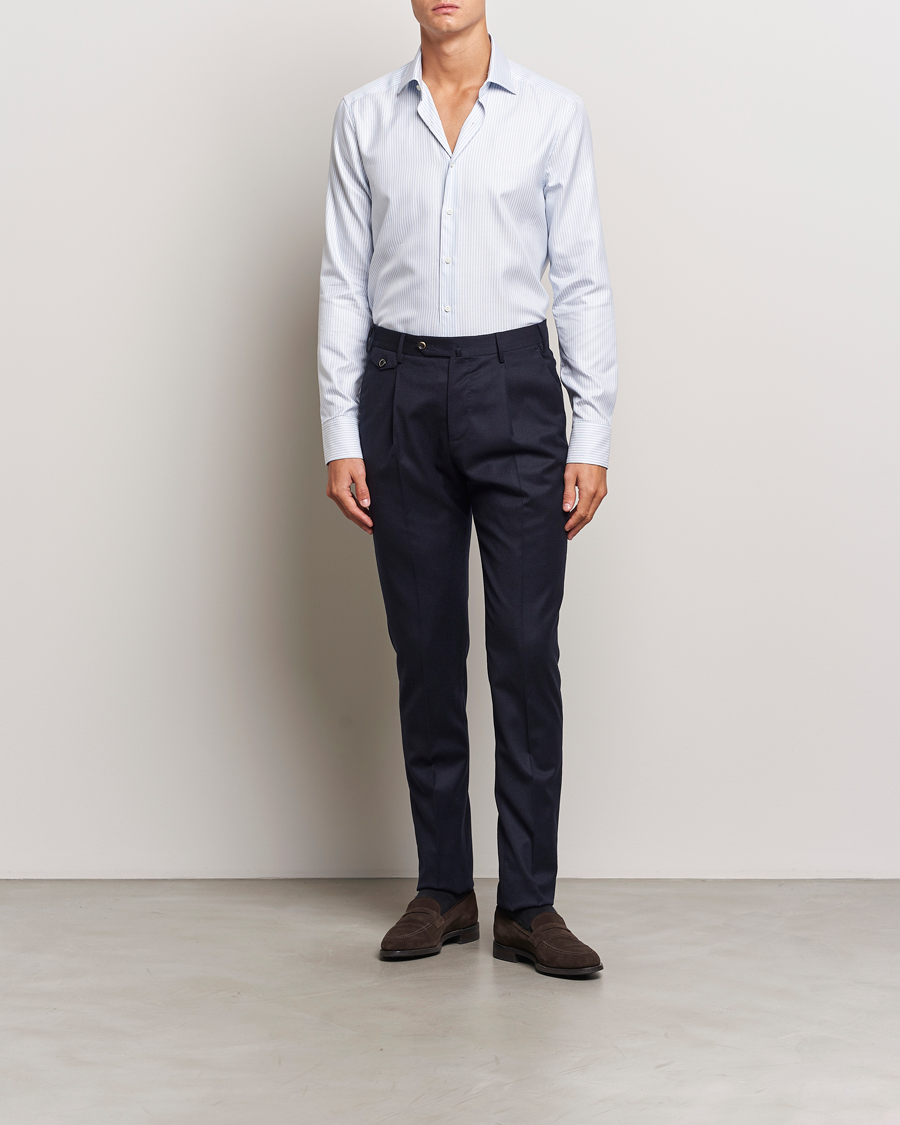 Heren | Overhemden | Stenströms | Slimline Striped Twill Cut Away Shirt White/Blue