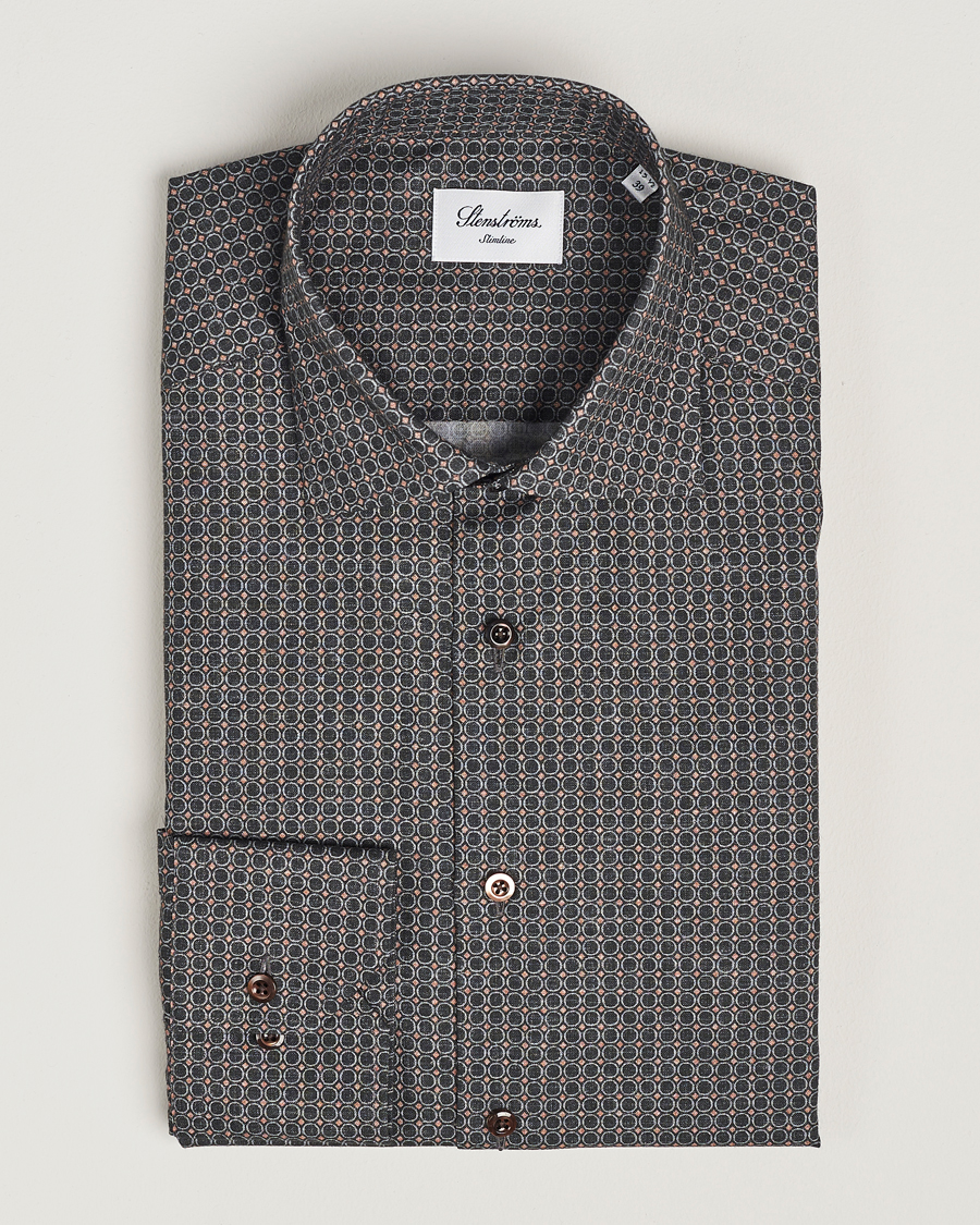 Heren | Overhemden | Stenströms | Slimline Brushed Printed Cut Away Shirt Black