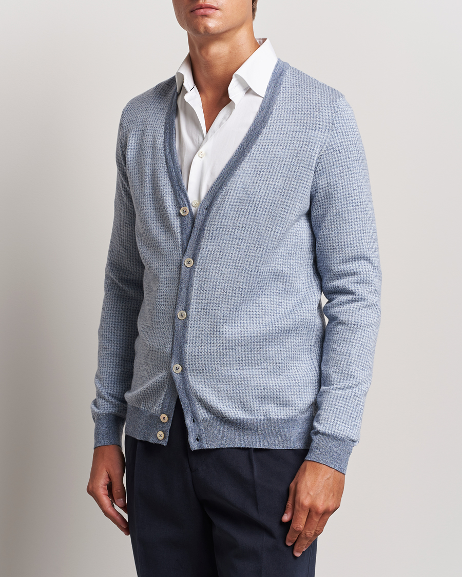 Heren | Truien | Stenströms | Pepita Merino Wool Cardigan Navy