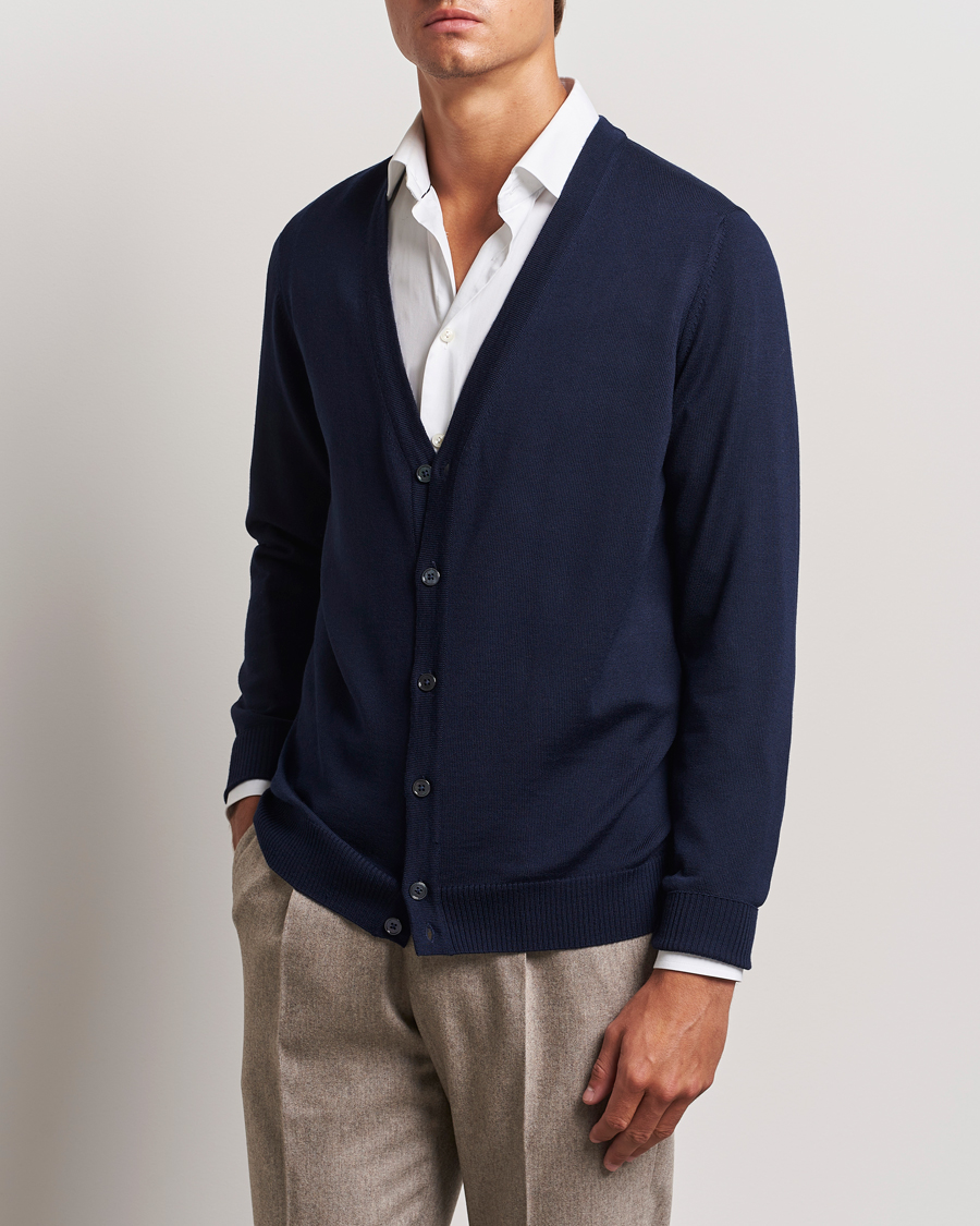 Heren | Truien | Stenströms | Merino Cardigan Navy