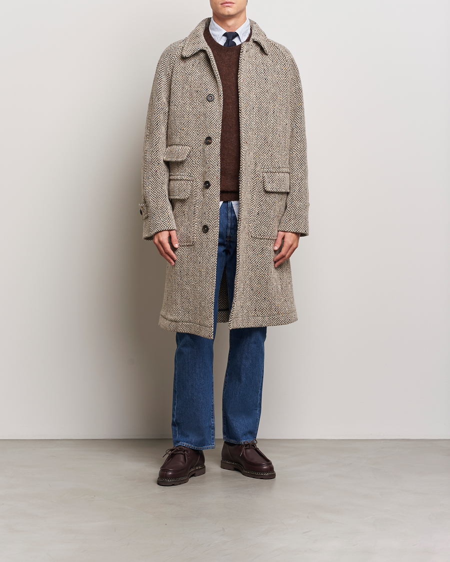 Heren | Jassen | Drake's | Herringbone Tweed Raglan Coat Oat Fleck
