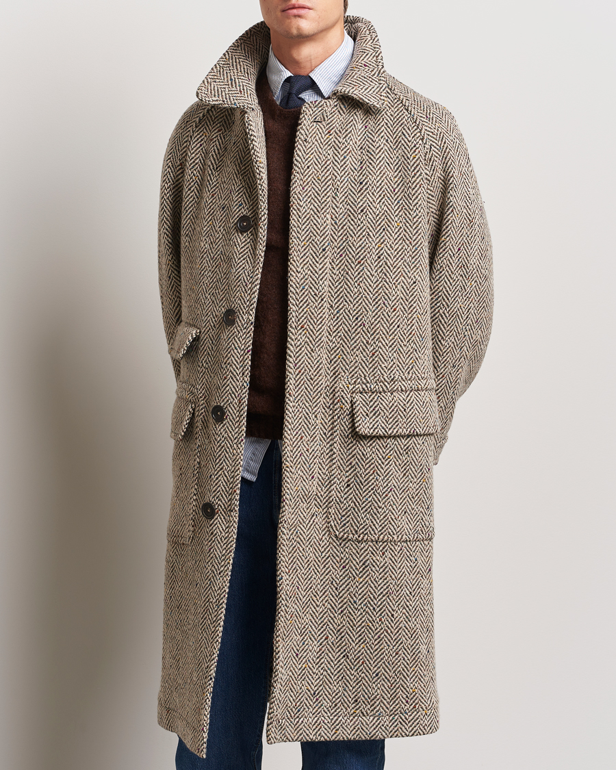Heren | Jassen | Drake's | Herringbone Tweed Raglan Coat Oat Fleck