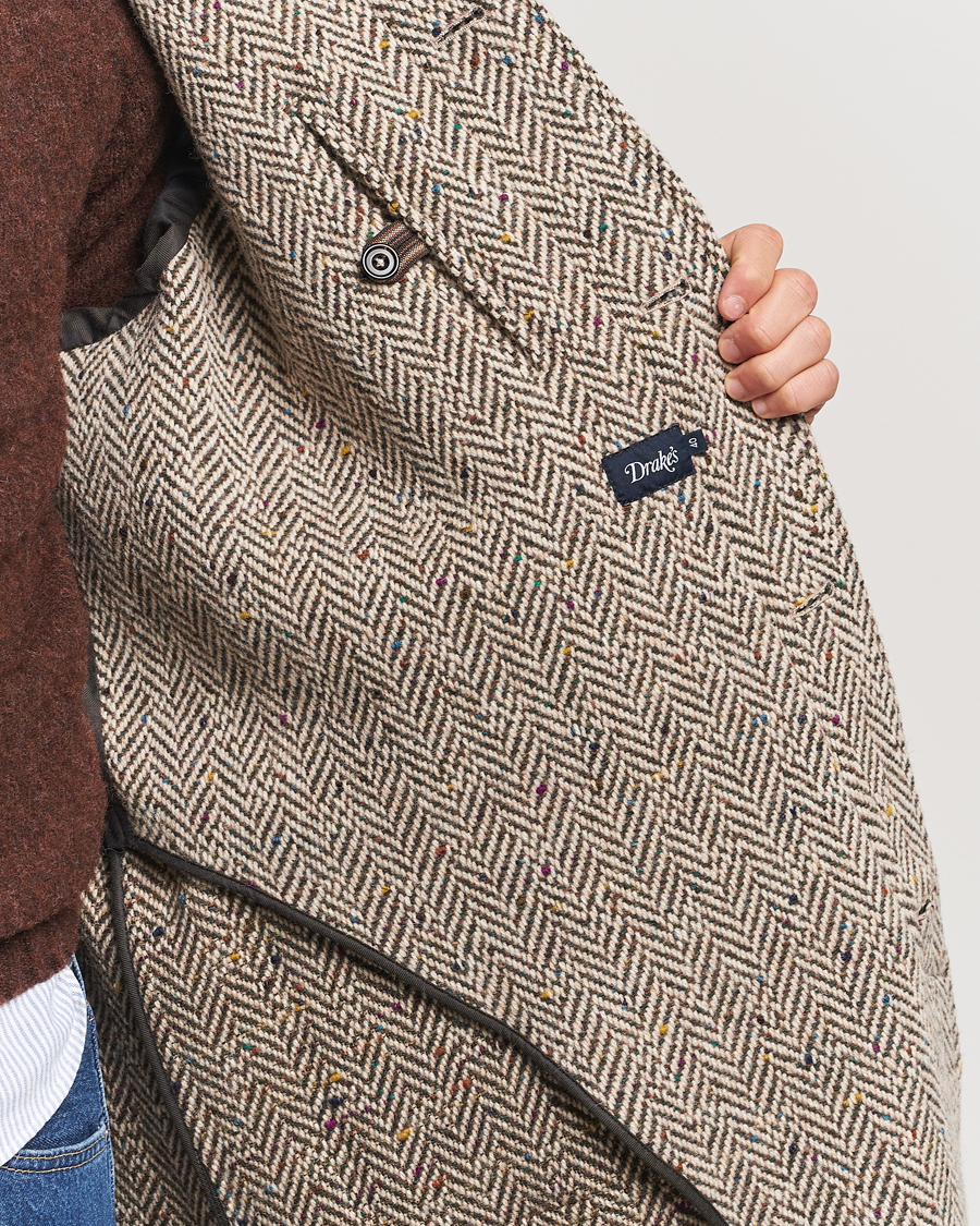 Heren | Jassen | Drake's | Herringbone Tweed Raglan Coat Oat Fleck