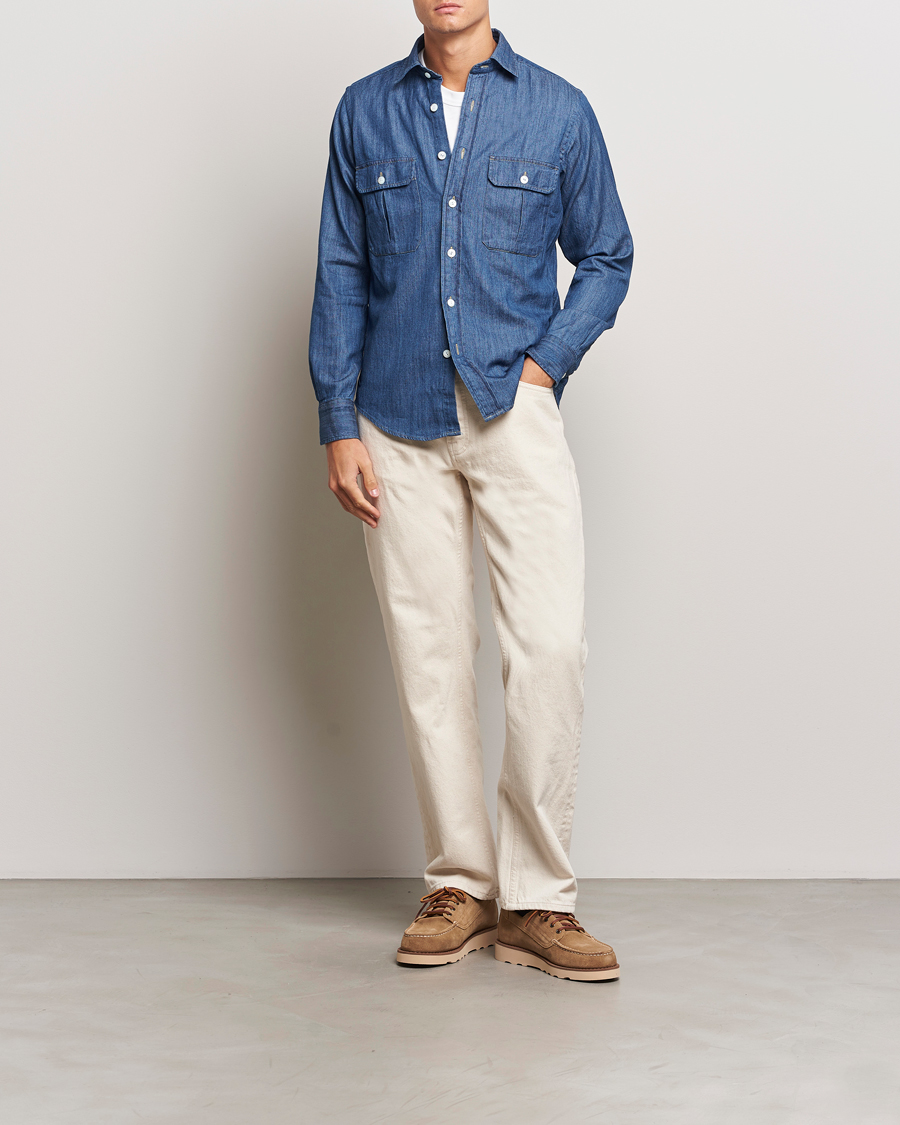 Homme | Chemises | Drake's | Denim Cotton Two Pocket Work Shirt Blue