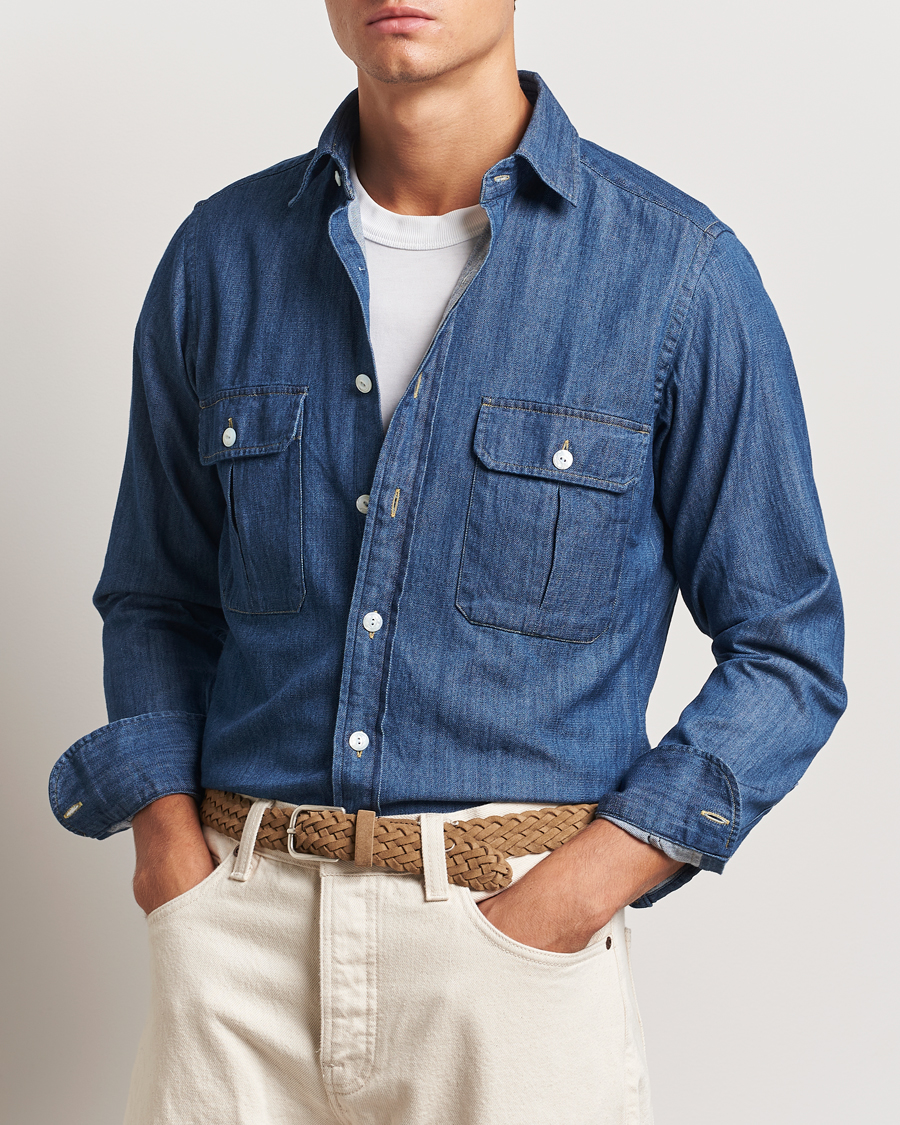 Homme | Chemises | Drake's | Denim Cotton Two Pocket Work Shirt Blue
