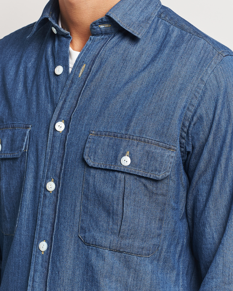 Homme | Chemises | Drake's | Denim Cotton Two Pocket Work Shirt Blue