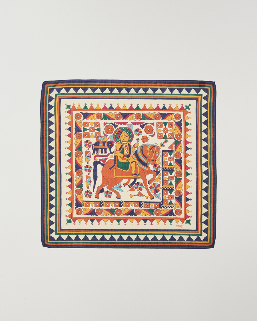 Homme | Drake's Maharaja Print Wool/Silk Bandana Navy/Yellow | Drake's | Maharaja Print Wool/Silk Bandana Navy/Yellow