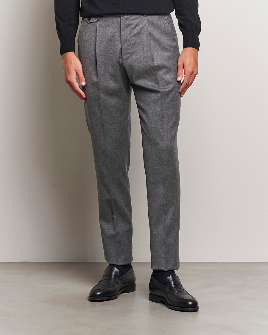 Homme | Pantalons | PT01 | Slim Fit Pleated Flannel Trousers Grey Melange