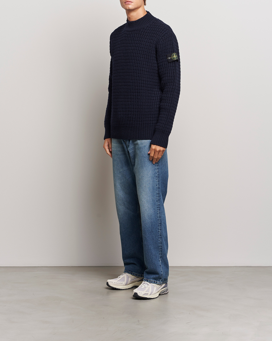 Heren | Truien | Stone Island | Checkered Rib Stich Wool Mock Neck Navy Blue