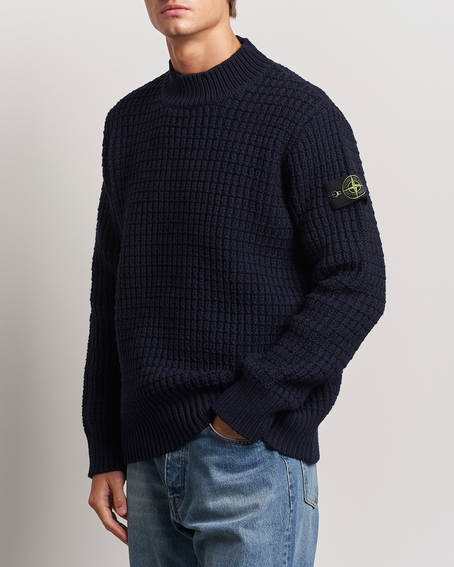 Heren | Truien | Stone Island | Checkered Rib Stich Wool Mock Neck Navy Blue