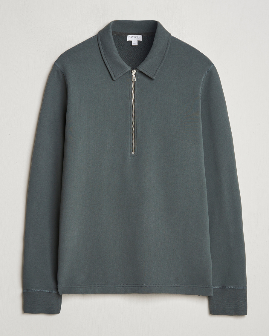 Heren | Truien | Sunspel | Zip Loopback Sweatshirt Polo Drill Green
