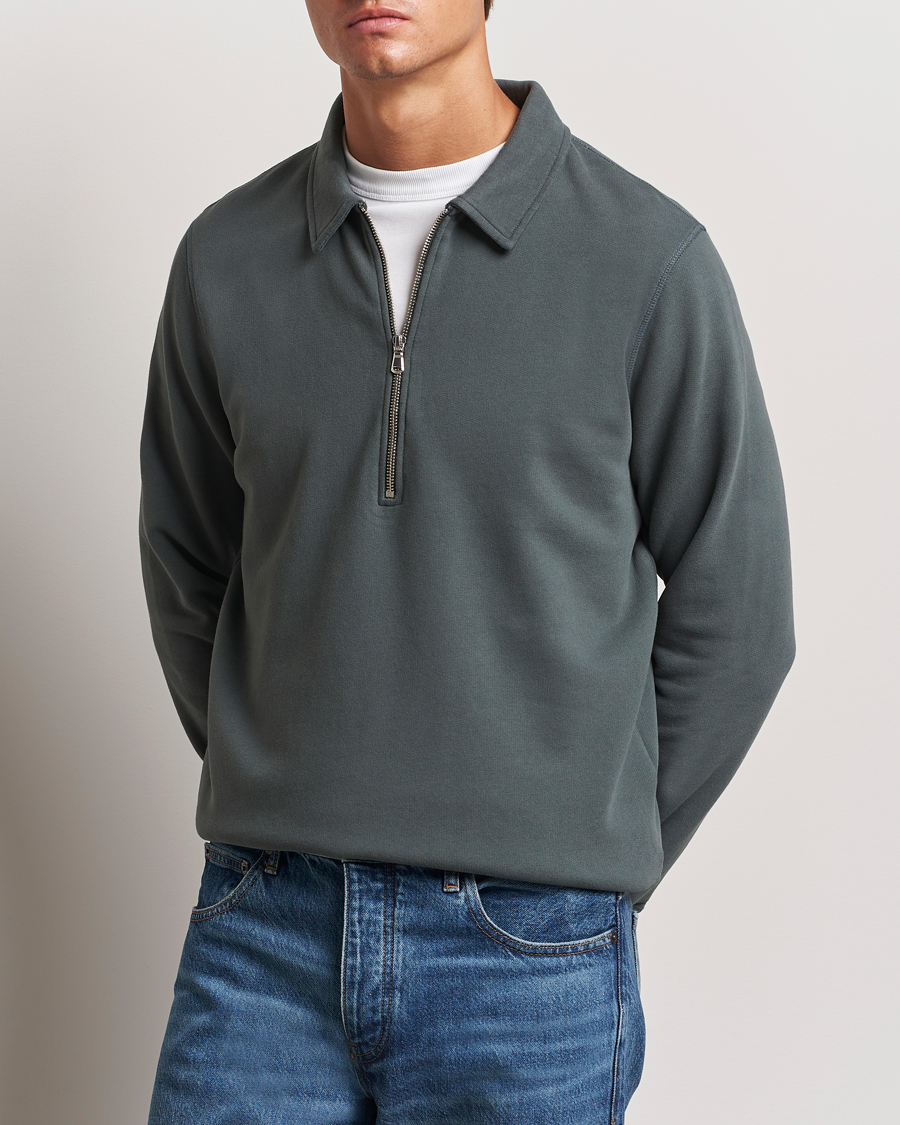 Heren | Truien | Sunspel | Zip Loopback Sweatshirt Polo Drill Green