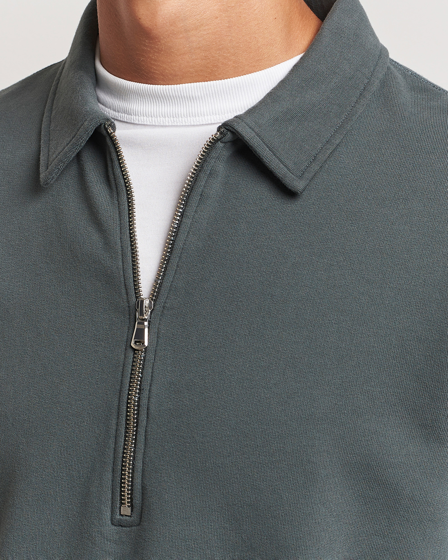 Heren | Truien | Sunspel | Zip Loopback Sweatshirt Polo Drill Green