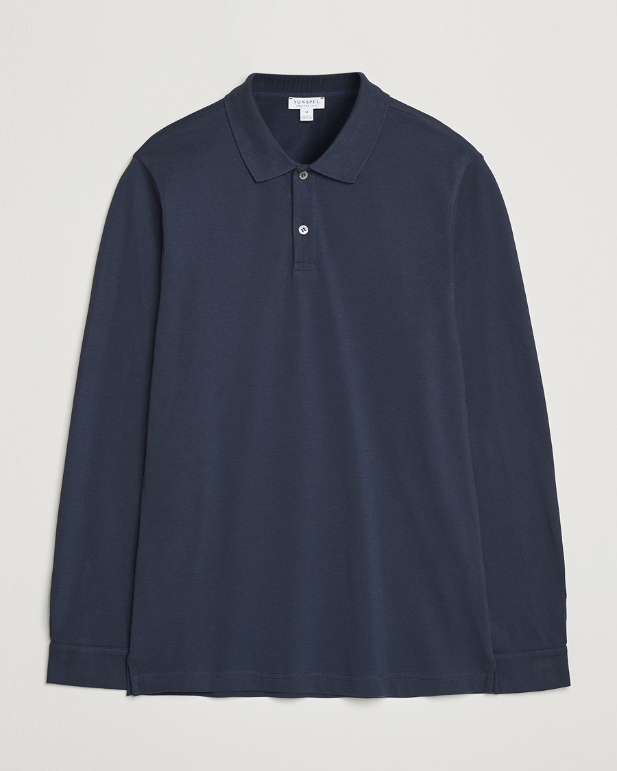 Homme | Polos | Sunspel | Supima Cotton Long Sleeve Pique Polo Navy