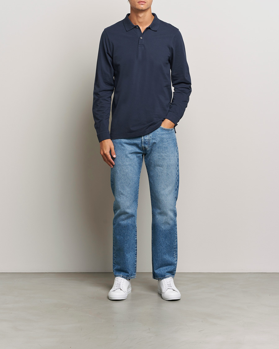 Homme | Polos | Sunspel | Supima Cotton Long Sleeve Pique Polo Navy