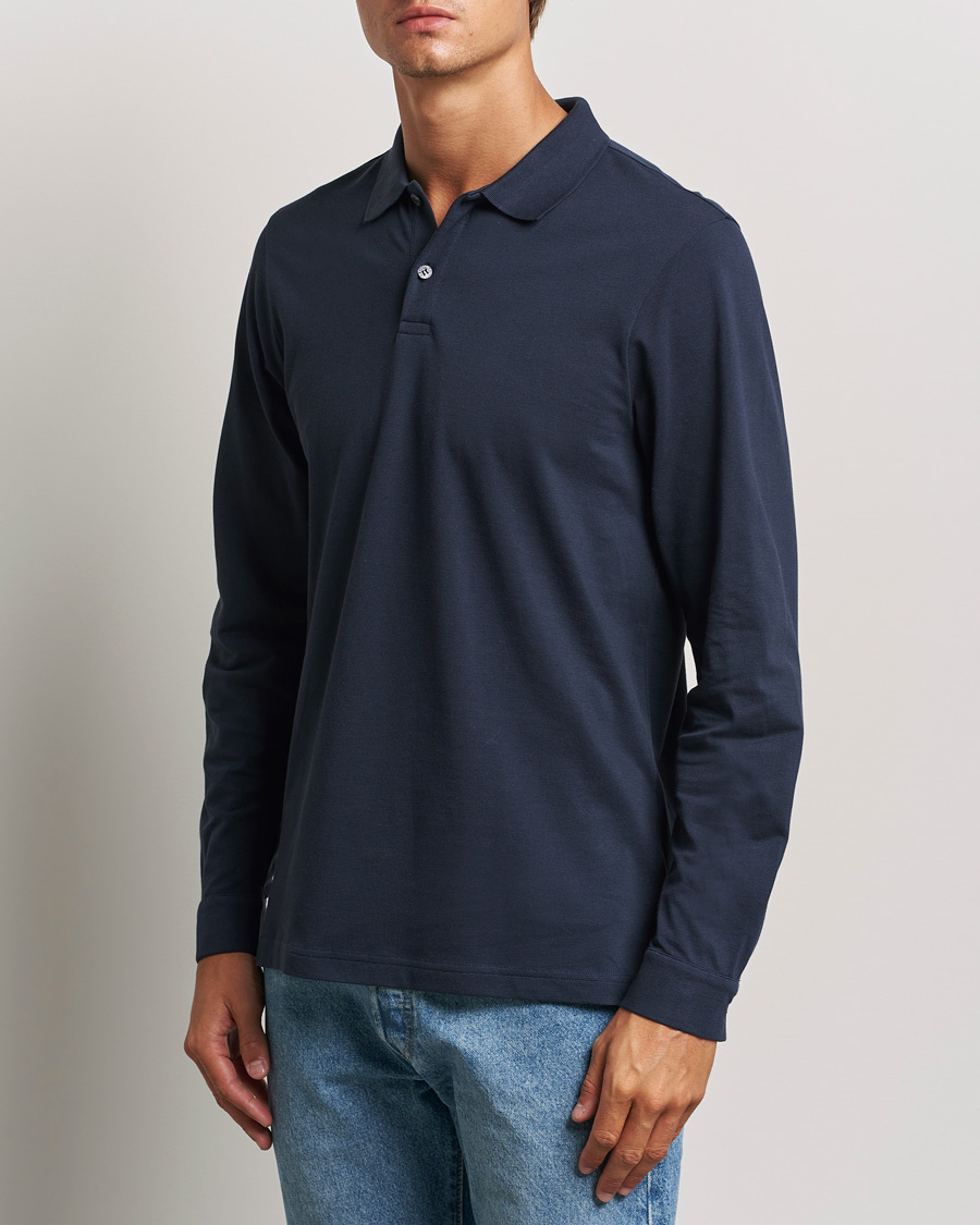 Homme | Polos | Sunspel | Supima Cotton Long Sleeve Pique Polo Navy