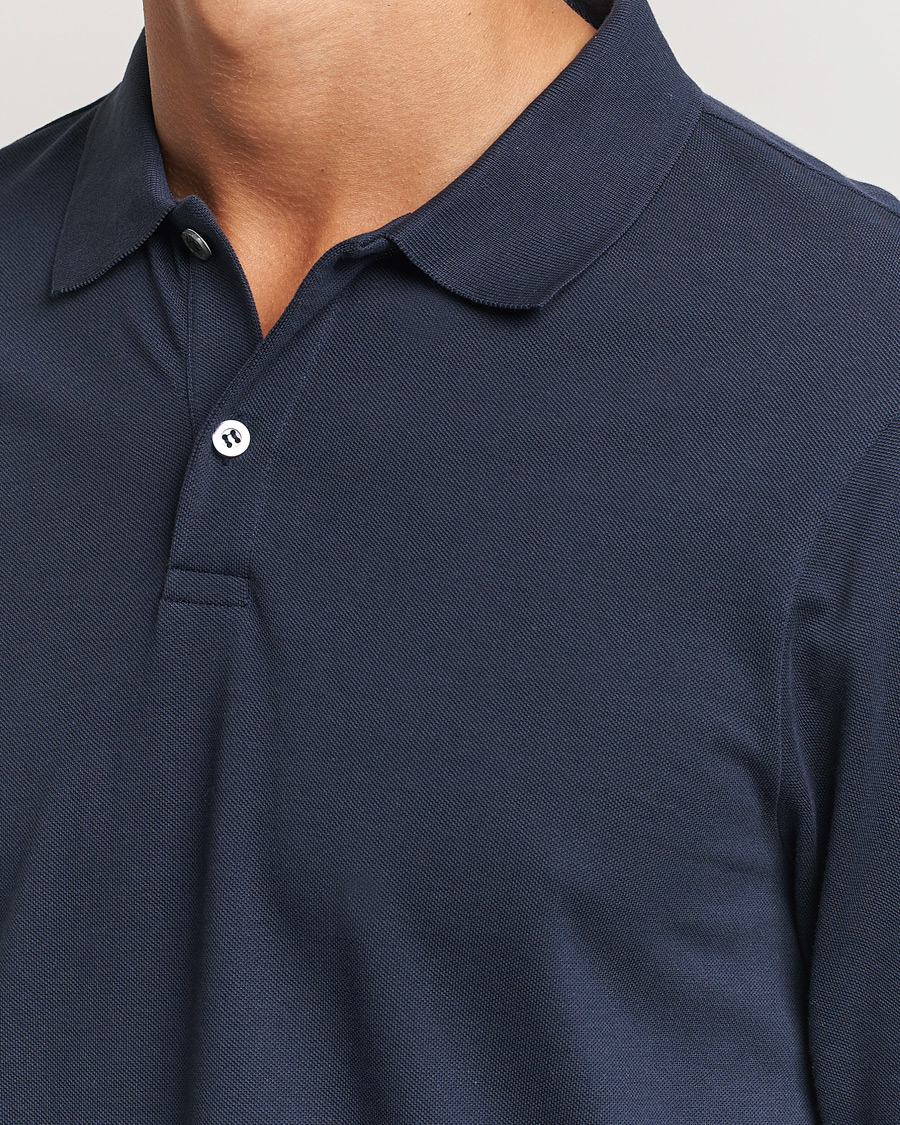 Homme | Polos | Sunspel | Supima Cotton Long Sleeve Pique Polo Navy