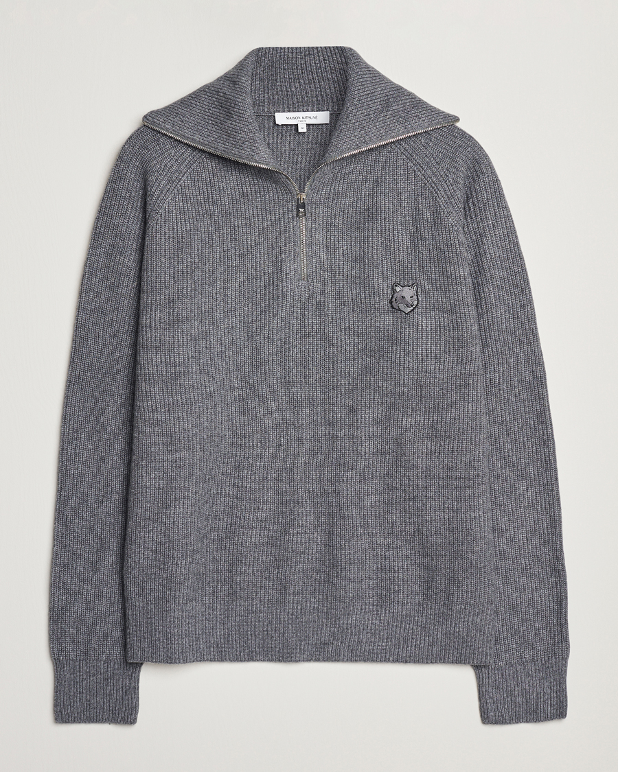 Homme | Pulls Et Tricots | Maison Kitsuné | Bold Fox Rib Knitted Half Zip Medium Grey Melange