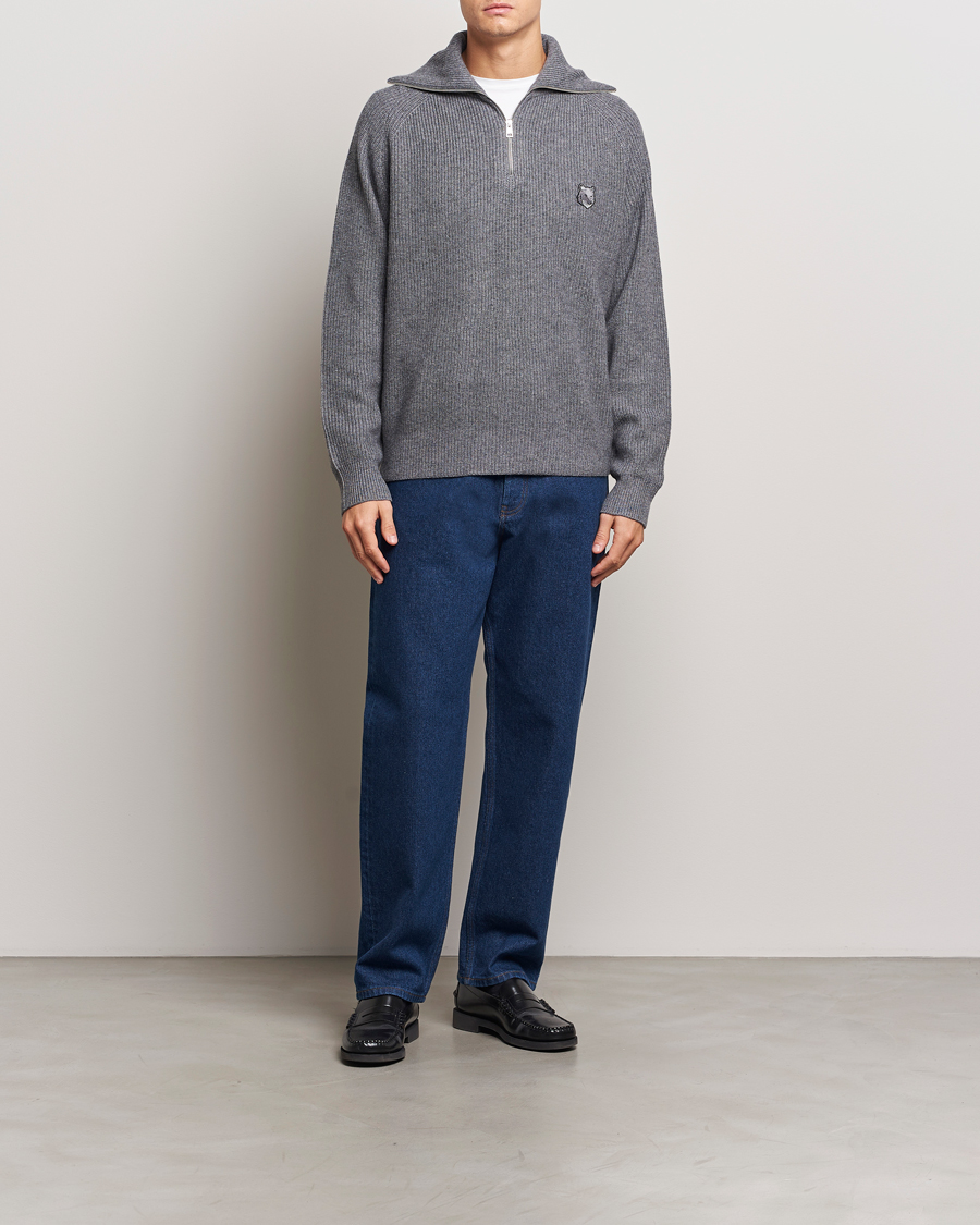 Homme | Pulls Et Tricots | Maison Kitsuné | Bold Fox Rib Knitted Half Zip Medium Grey Melange