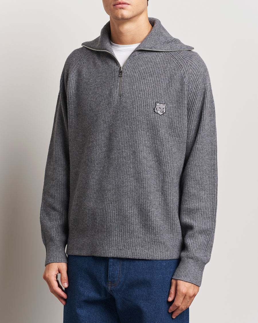 Homme | Pulls Et Tricots | Maison Kitsuné | Bold Fox Rib Knitted Half Zip Medium Grey Melange