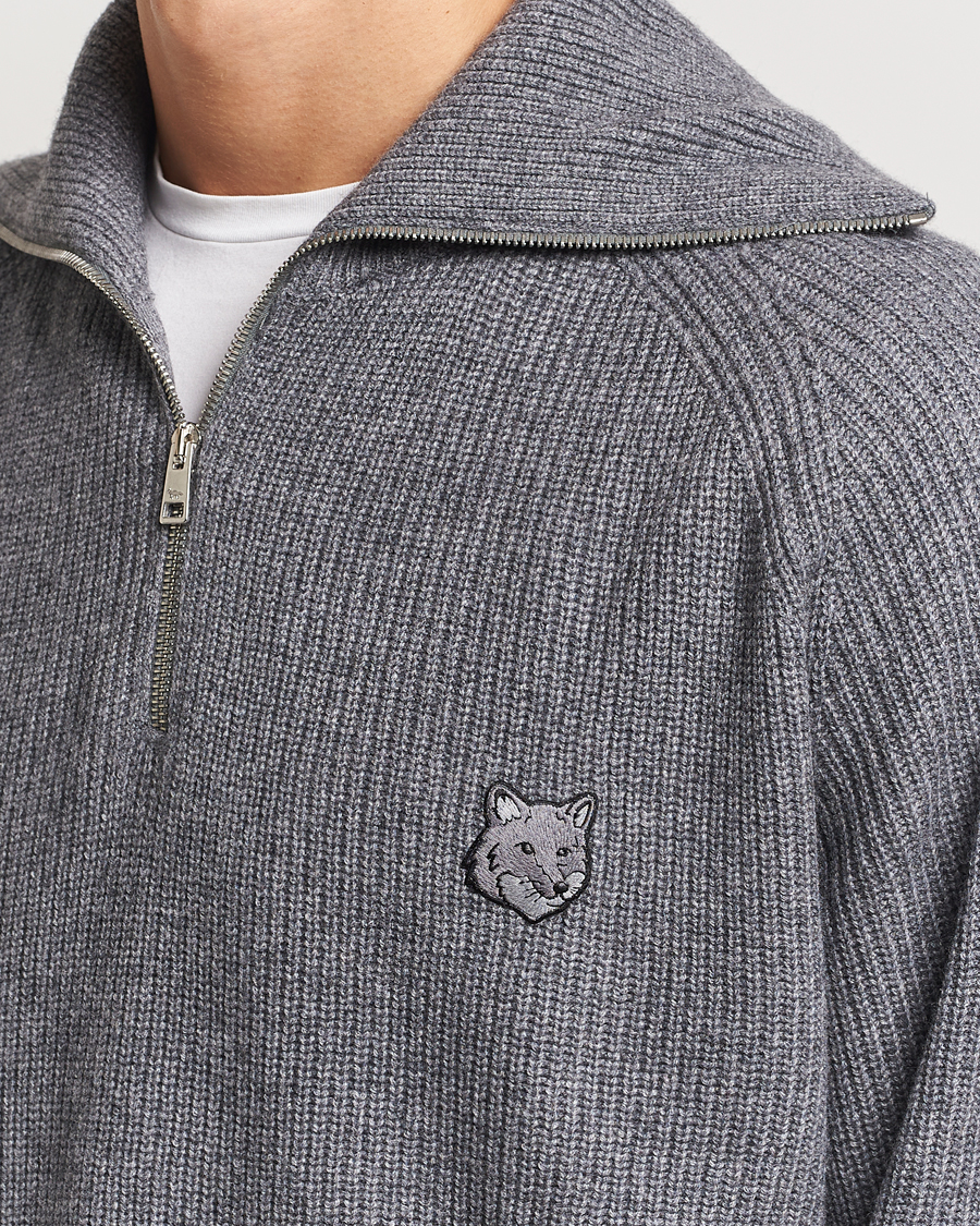 Homme | Pulls Et Tricots | Maison Kitsuné | Bold Fox Rib Knitted Half Zip Medium Grey Melange
