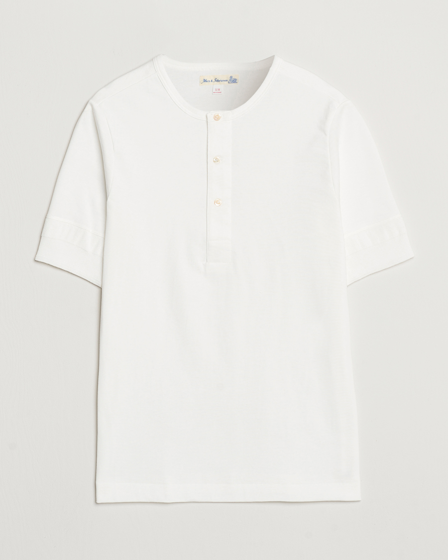 Heren | T-shirts | Merz b. Schwanen | Short Sleeve Organic Cotton Henley White