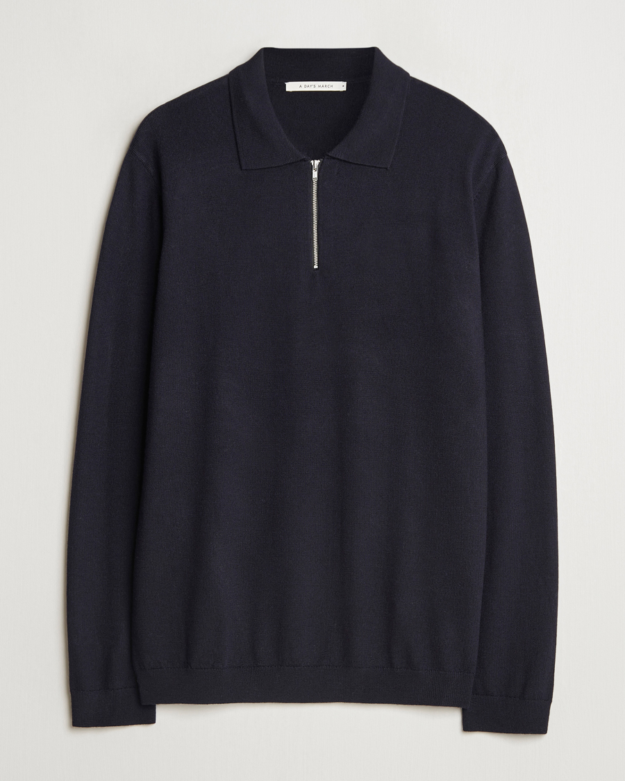 Heren | Truien | A Day's March | Thompson Merino Half-Zip Polo Navy
