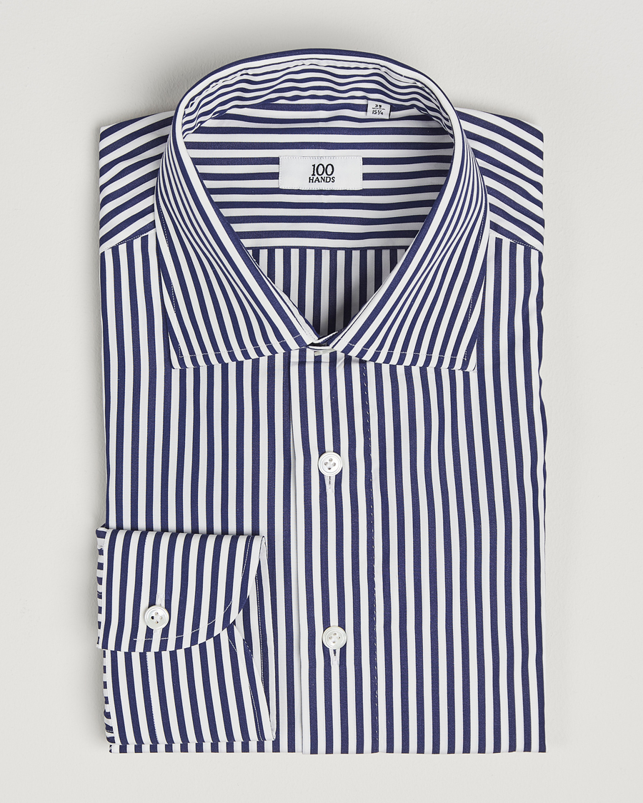 Heren | Overhemden | 100Hands | Striped Cut Away Cotton Shirt Navy