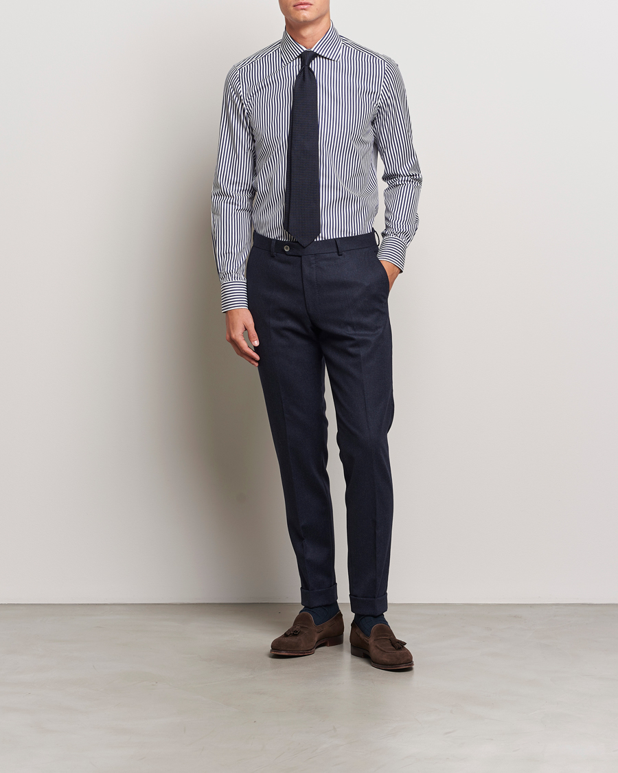 Heren | Overhemden | 100Hands | Striped Cut Away Cotton Shirt Navy