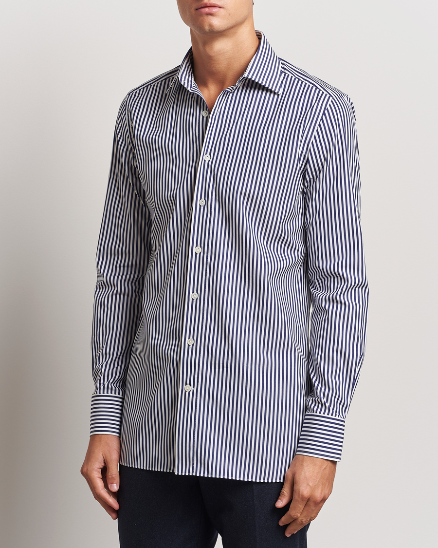 Heren | Overhemden | 100Hands | Striped Cut Away Cotton Shirt Navy