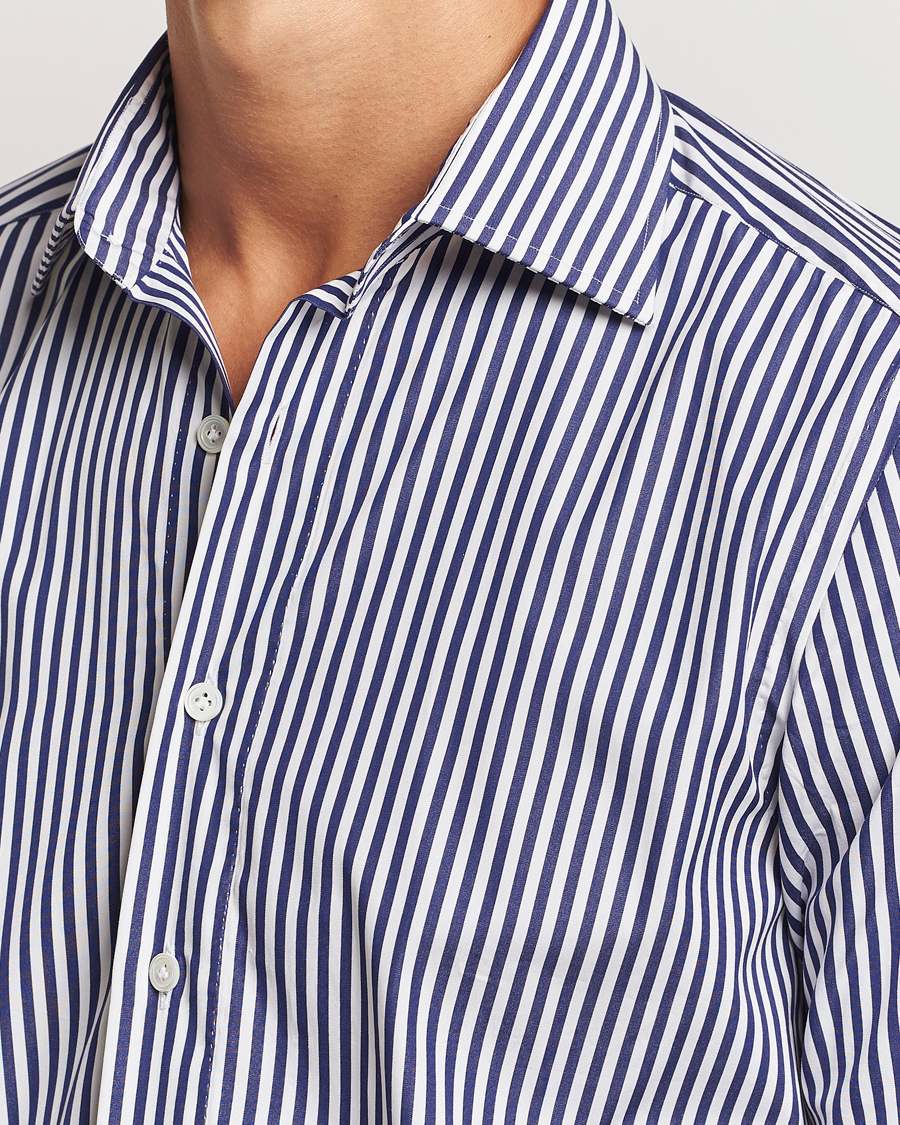 Heren | Overhemden | 100Hands | Striped Cut Away Cotton Shirt Navy