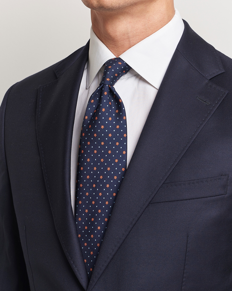 Heren | Stropdassen | E. Marinella | 3-Fold Printed Silk Tie Navy/Orange