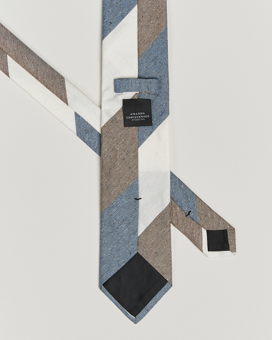 Heren | Stropdassen | Amanda Christensen | Silk/Linen Bourette Block Striped 8cm Tie White/Blue/Brown