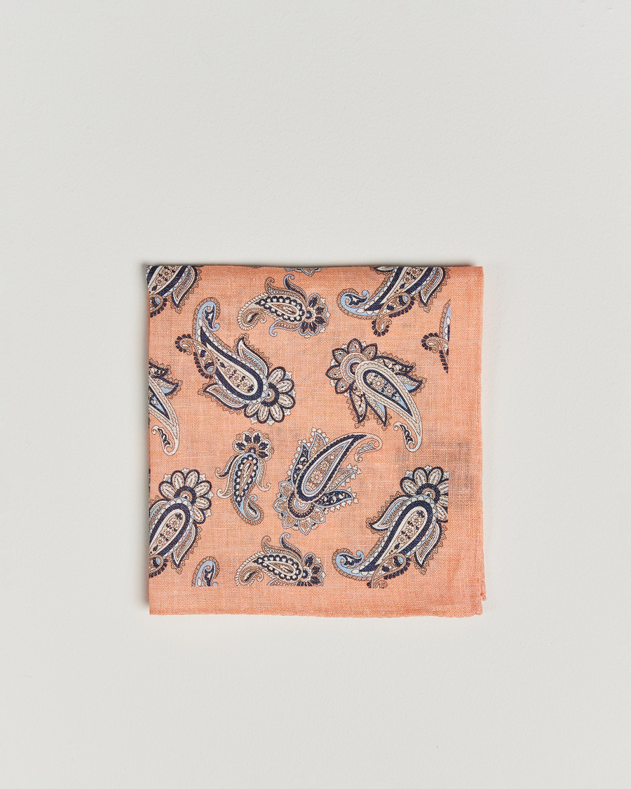Heren | Pochets | Amanda Christensen | Linen Printed Large Paisley Pocket Square Orange