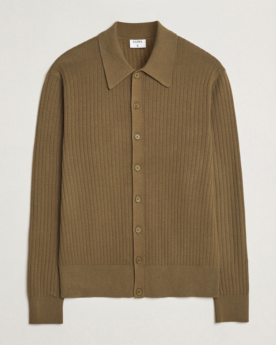 Heren | Truien | Filippa K | Cotton Merino Ribbed Knitted Cardigan Olive Green