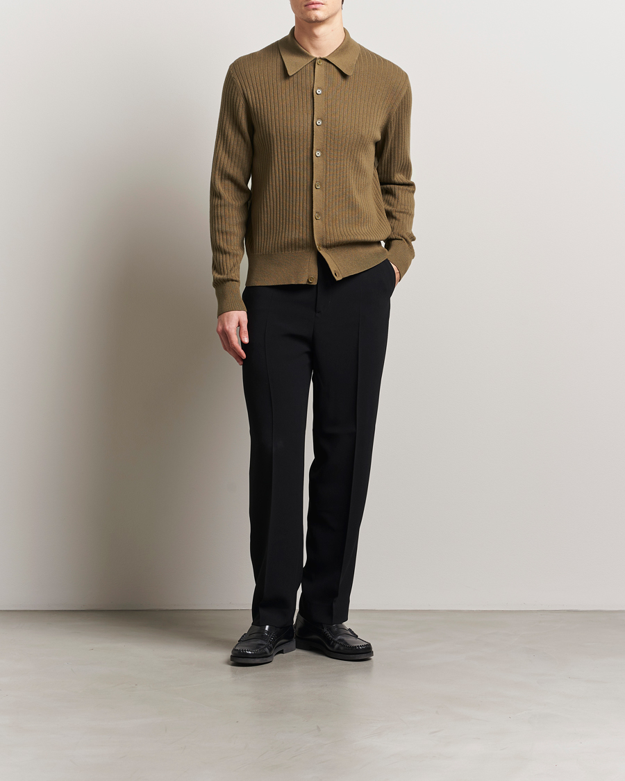 Heren | Truien | Filippa K | Cotton Merino Ribbed Knitted Cardigan Olive Green