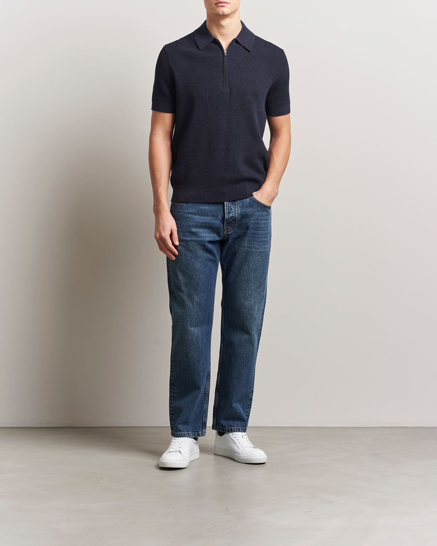 Homme | Polos | NN07 | Hansie Half Zip Knitted Polo Navy Melange