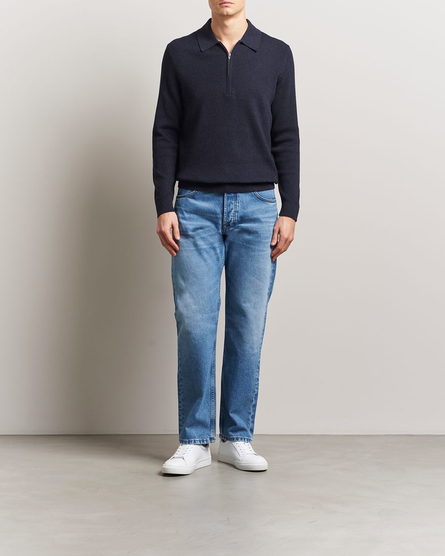 Heren | Truien | NN07 | Hansie Ribbed Knitted Half Zip Navy Melange