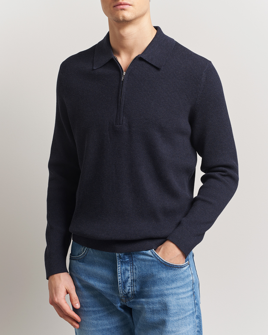 Heren | Truien | NN07 | Hansie Ribbed Knitted Half Zip Navy Melange