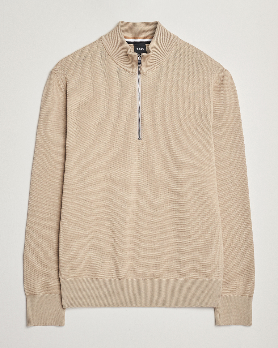 Heren | Truien | BOSS BLACK | Ebrando Knitted Half Zip Light Beige