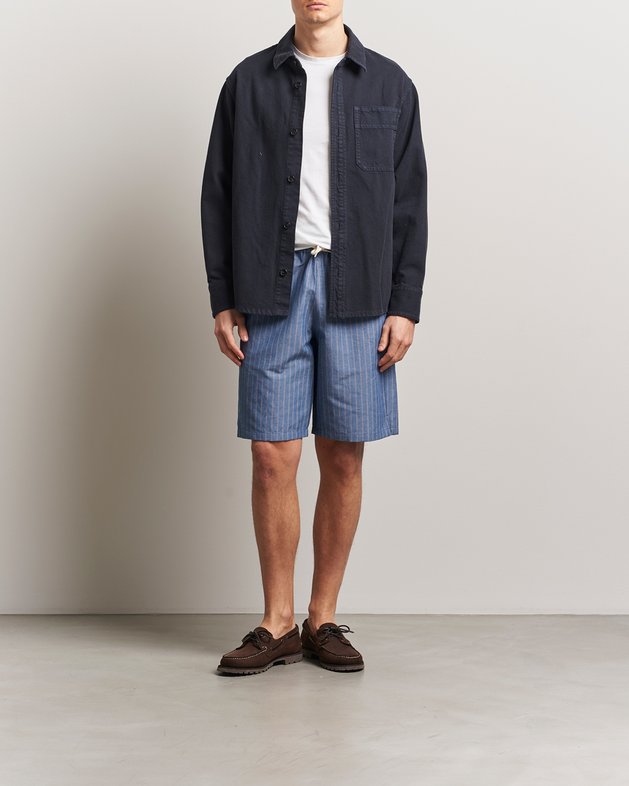 Heren | Korte broek | A.P.C. | Paul Cotton/Linen Striped Drawstring Shorts Blue