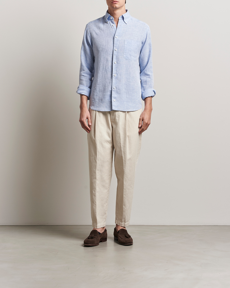 Heren | Overhemden | Eton | Slim Fit Linen Button Down Shirt Light Blue