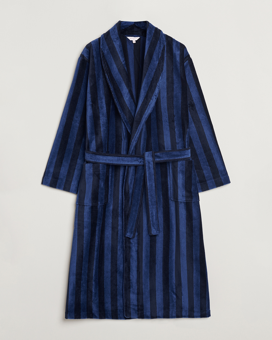 Homme | Derek Rose Cotton Velour Striped Gown Navy/Blue | Derek Rose | Cotton Velour Striped Gown Navy/Blue
