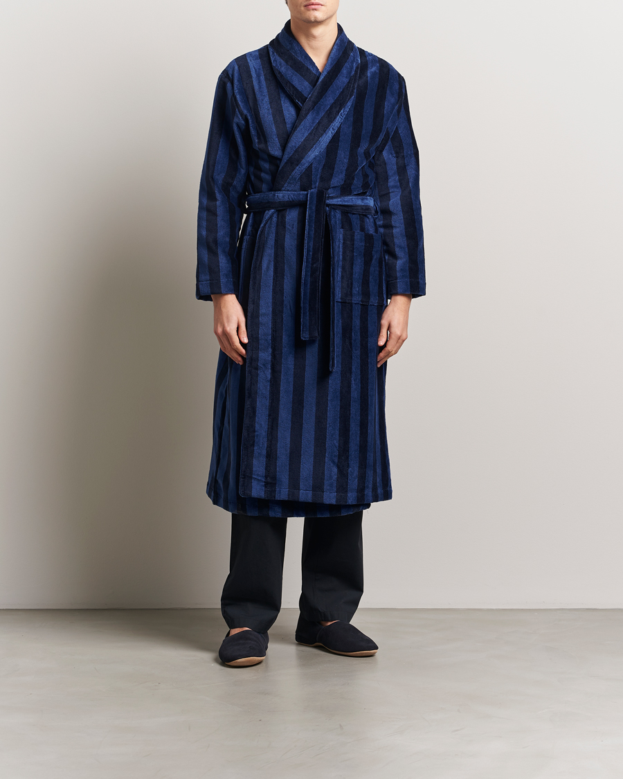 Homme | Derek Rose Cotton Velour Striped Gown Navy/Blue | Derek Rose | Cotton Velour Striped Gown Navy/Blue